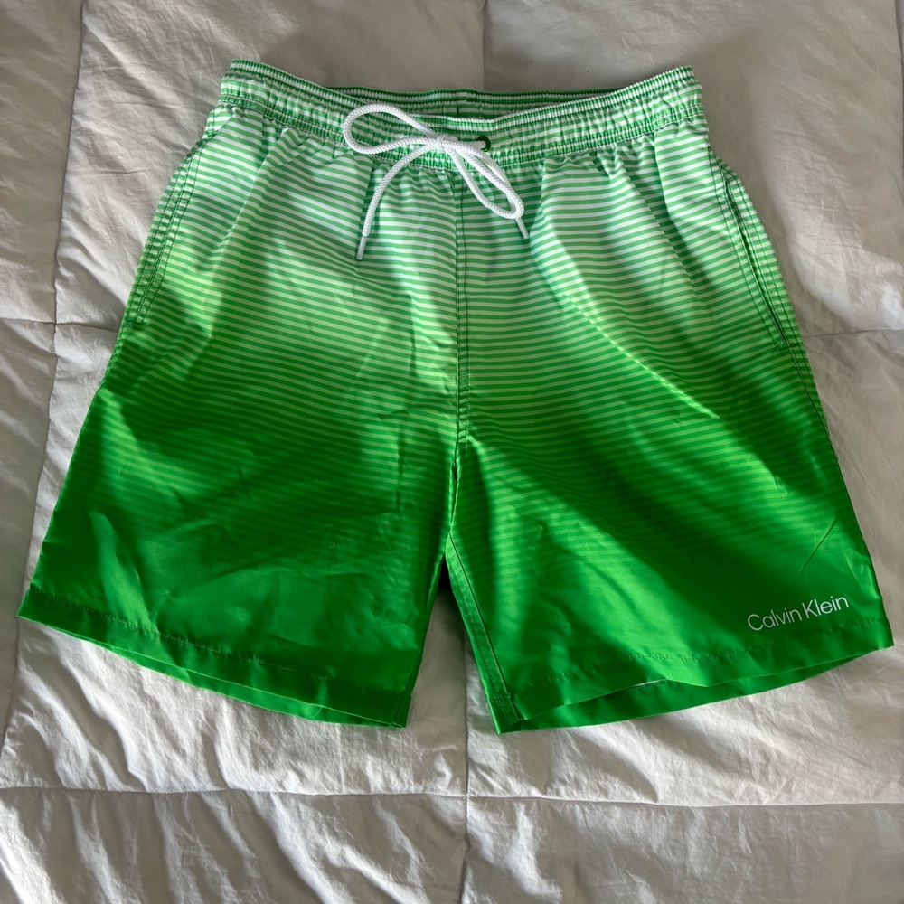 Calvin Klein Men's Sky Gradient 7" Volley Swim Trunks, Green/White